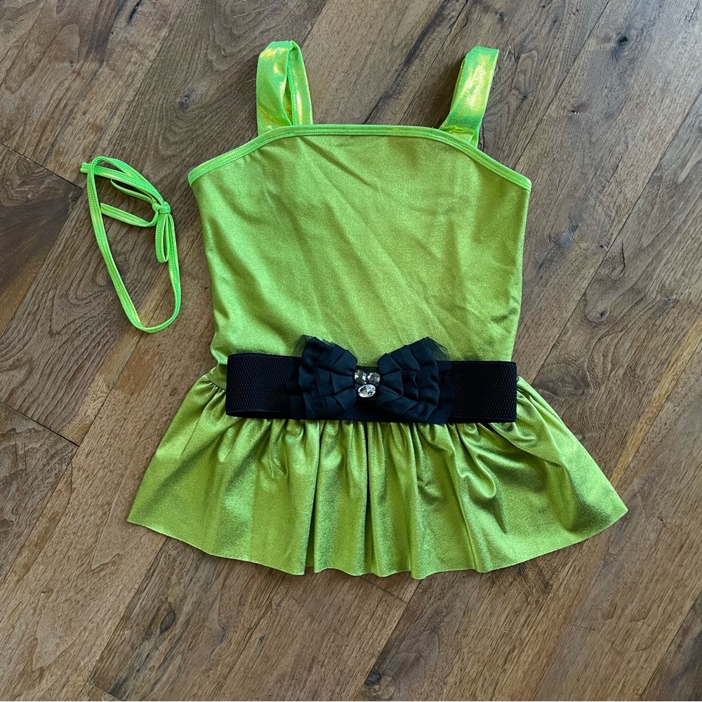 Curtain Call Lime Green Dance Costume Top with Black Bow Movin & Groovin sz ASM